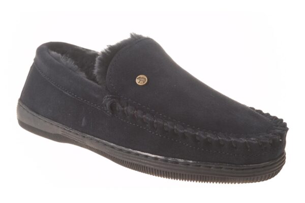 Warmbat pantoffel donkerblauw moccassin met echte vachtvoering - Afbeelding 2