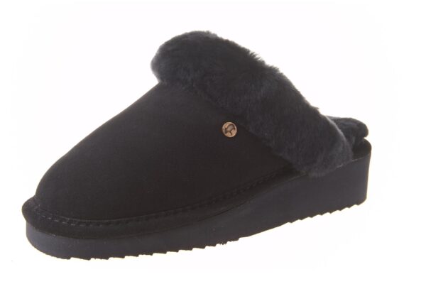 Warmbat dames slipper met sleehak donkerblauw gevoerd met echte vacht en bontrand - Afbeelding 2