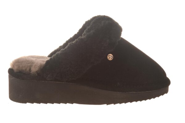 Warmbat dames slipper met sleehak zwart gevoerd met echte vacht en bontrand
