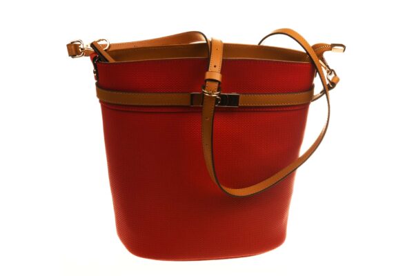 Schoudertas rood leer print met cognac accenten