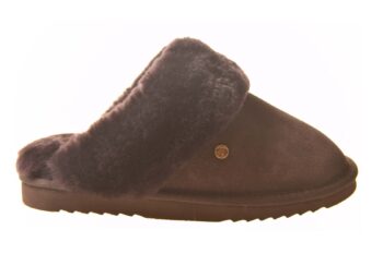 Warmbat damesslipper donkerbruin gevoerd met echte vacht