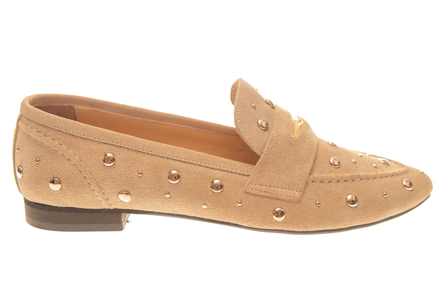 Babouche mocassin beige suede met studs