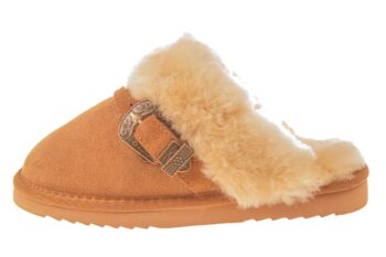 Warmbat slipper met echte vacht en gesp cognac