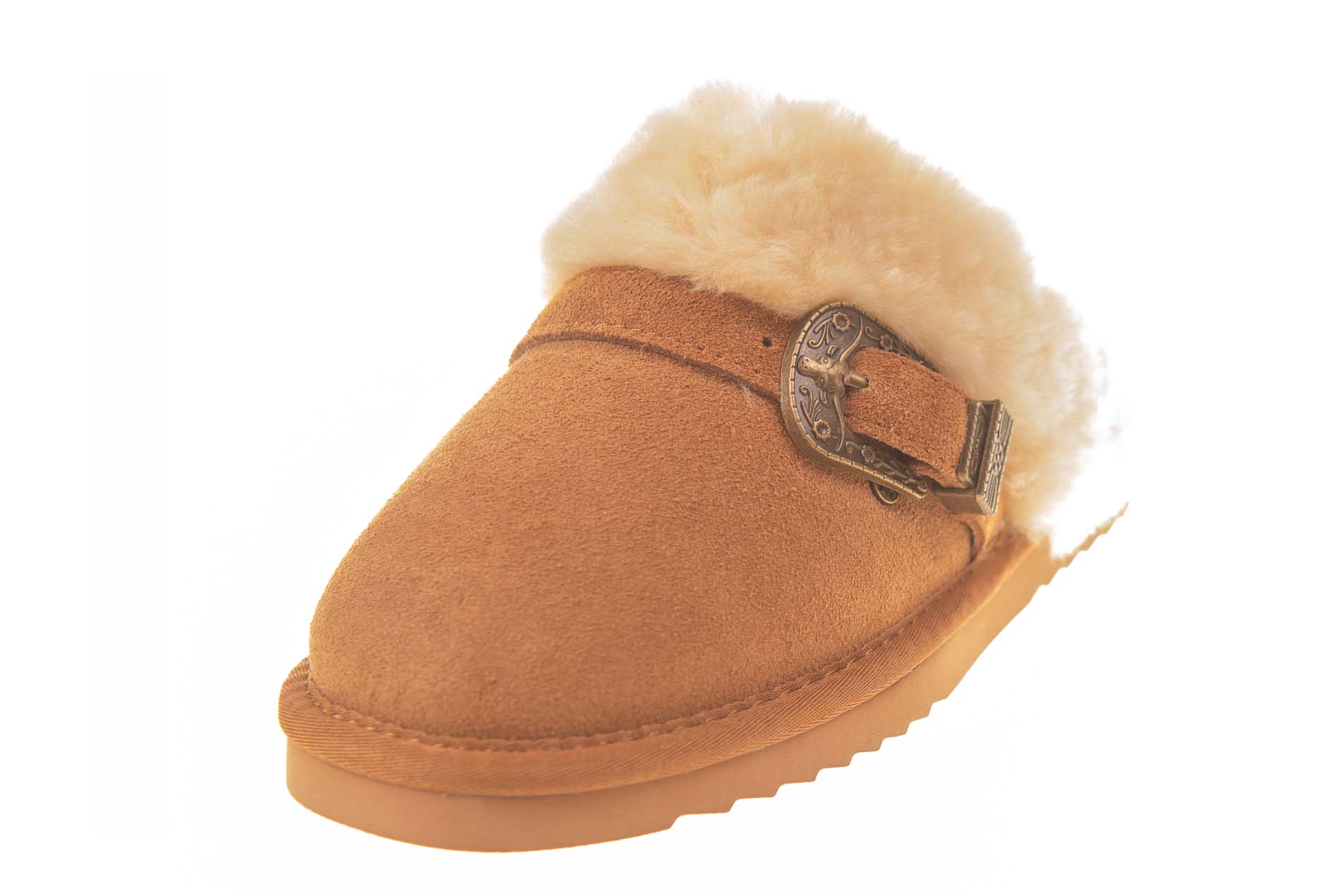 Warmbat slipper met echte vacht en gesp cognac - Afbeelding 2