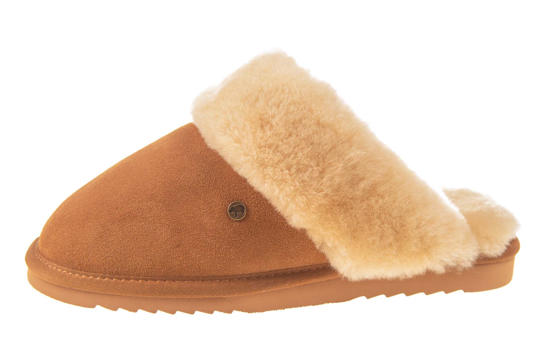 Warmbat slipper met echte vacht cognac